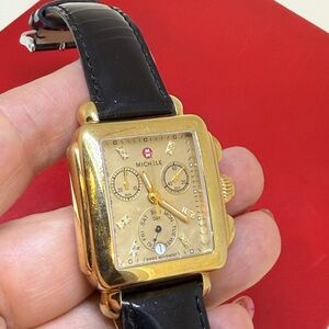 Authentic Michele Deco Rare Gold Diamond Dial Chronograph Gold Tone Watch